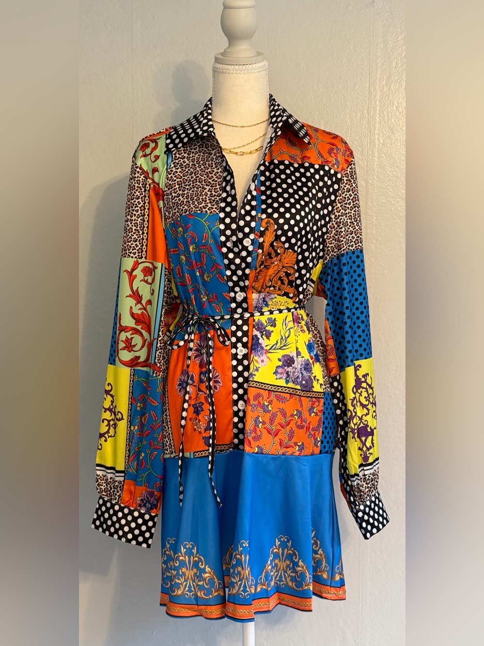 52~ NWT Endless Moon Vibrant Patchwork Print Shirt Dress in Multicolor Small